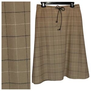 Burns Wool Blend Camel Plaid A-line Skirt With Leather Cord Accent Size 8